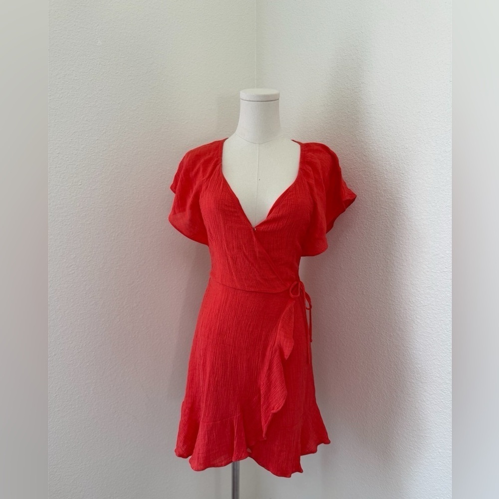 Lush Vibrant Coral Short Sleeve Wrap Mini Dress Women’s Size Small